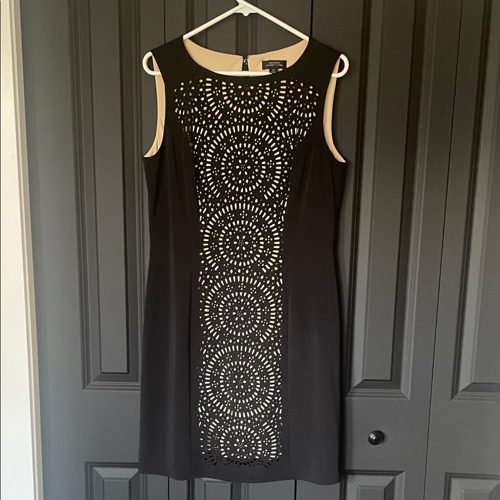 Tahari Black Dress with Beige Underlay Laser-Cut Panel